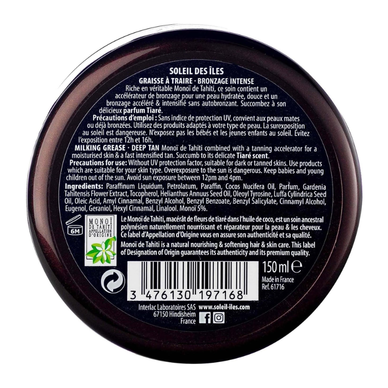Graisse à Traire au Monoï de Tahiti 100% Naturel avec accélérateur de bronzage 150 ml